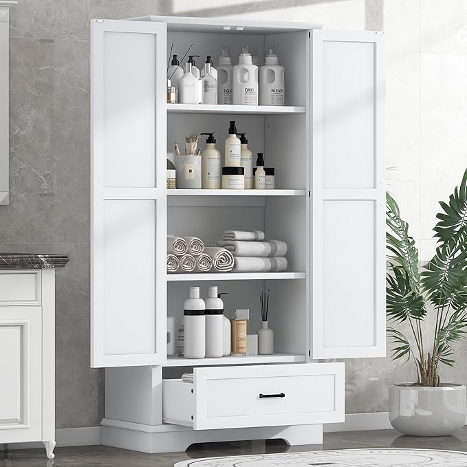 Favfurish 69" Tall Bathroom Storage Cabinet with Doors and Drawer,Modern Linen Cabinets w/Adjustable Shelf and Anti-Toppling Device,Freestanding Organizer for Bath Room,Study,Office,Kitchen White