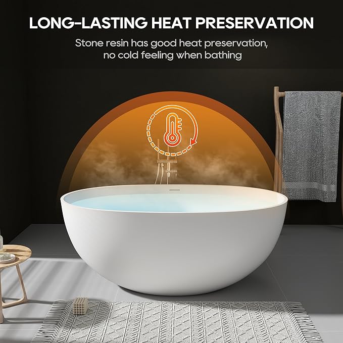 SJ STAR&JANE 55" Solid Surface Freestanding Bathtub, Stone Resin Oval Soaking Tub Matte White Stand Alone Tub with Overflow and Pop-up Drain for Bathroom