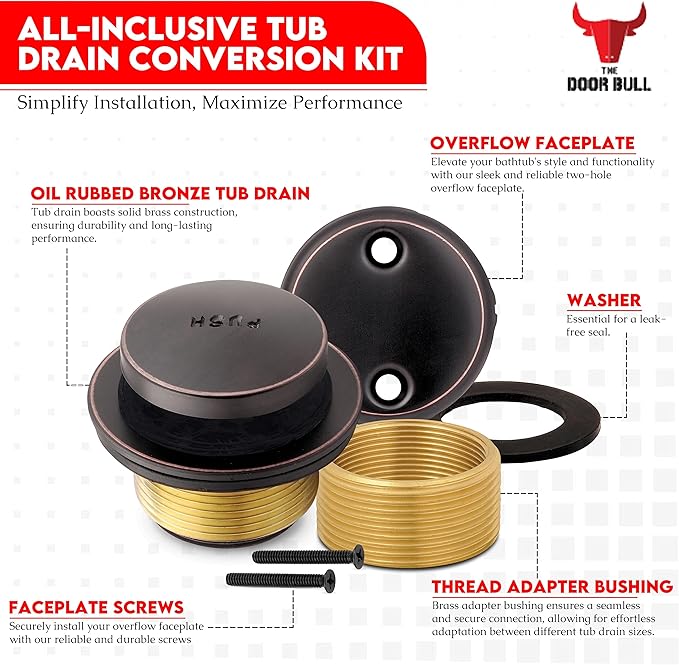 Tip-Toe Bathtub Drain Trim Kit with Two-Hole Overflow Faceplate – All Brass Tub Drain Stopper Replacement – Fits Fine or Coarse Thread Drain Shoe – Universal Tub Drain Assembly