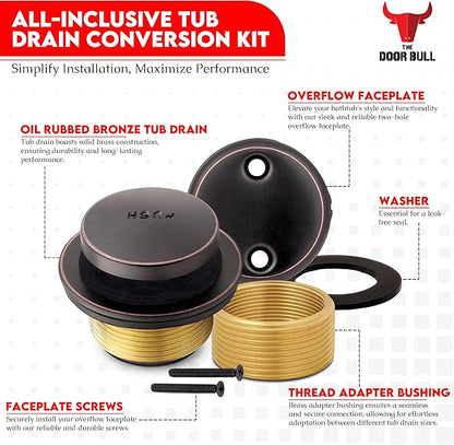 Tip-Toe Bathtub Drain Trim Kit with Two-Hole Overflow Faceplate – All Brass Tub Drain Stopper Replacement – Fits Fine or Coarse Thread Drain Shoe – Universal Tub Drain Assembly