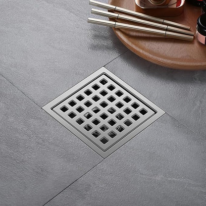 Shower Drain, Chrome 4 inch Square Shower Floor Drain with Flange, Silver Removeable Grid Panel SUS 304 Stainless Steel Square Shower Drain