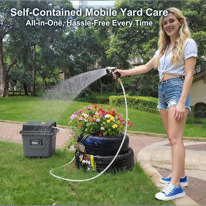 Cordless Portable Pressure Washer (Max 330PSI) - Self-Contained Camping Shower | 10Gal Tank, 5H Runtime, No Hose Needed | Multi-Use for Car Cleaning/Pet Bath/Garden Watering (Black)