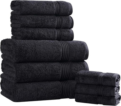 Superior Egyptian Cotton 9-Piece Towel Set, Assorted Towels for Home Bathroom, Guest Bath Decor Essentials, Includes 3 Bath, 3 Hand, 3 Face Towels/Washcloths, Quick Dry, Absorbent - Black
