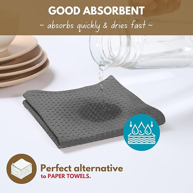 Native Fab Cotton Kitchen Towel with Hanging Loop 16x26 inches, 4-Pack, Waffle Weave Kitchen Towels for Cleaning Drying, Washcloths Soft & Absorbent Cloth Rags, Bar Towel, Dish Cloth, Grey
