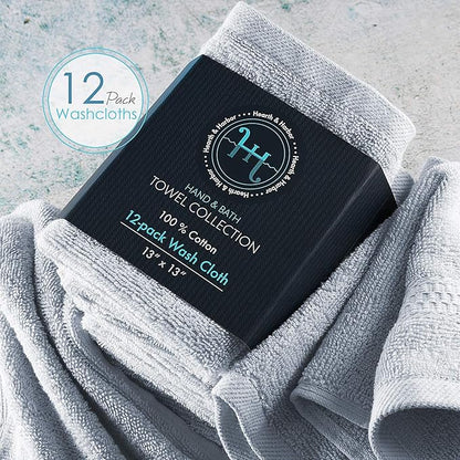 Hearth & Harbor Washcloths 12 Pack - 100% Cotton Washcloth for Body and face, High Absorbent and Soft 13"x13" Body Wash Cloth, Quick Dry - Ice Blue Washcloths