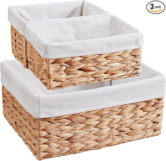 Vagusicc Wicker Basket, 3-Pack Water Hyacinth Wicker Storage Basket with Handles, Storage Baskets for Organizing, Large Hyacinth Storage Baskets for Shelves with Liner (Water Hyacinth Baskets Set)