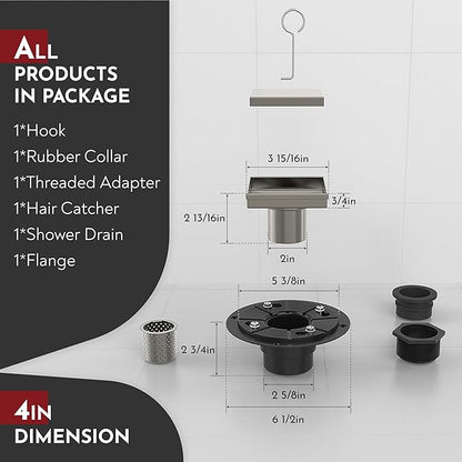WEBANG 4 Inch Square Shower Drain Nickel Floor Drain with Flange Reversible 2-in-1 Cover Tile Insert Grate Removable SUS304 Stainless Steel CUPC Certified Brushed Nickel
