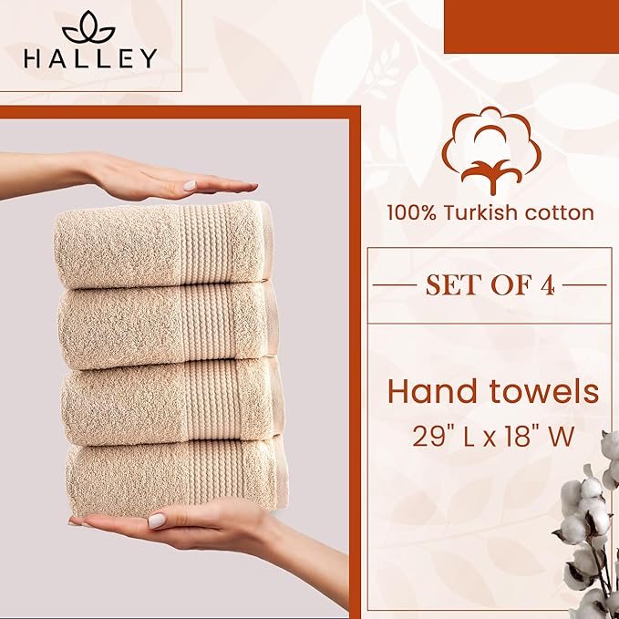 HALLEY Turkish Cotton Towels (Pack of 4) Hand Towels Super Soft Highly Absorbent 100% Cotton Towels for Bathroom and Kitchen for Mother’s Day (Tan)
