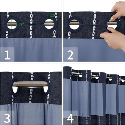 No Hook Long Shower Curtain Set with Snap-in Fabric Liner,Linen Textured Thick Striped Fabric with Tassels,Boho Farmhouse Rustic Luxury Bathroom Curtain,Water-Repellent,Navy Blue,71x80