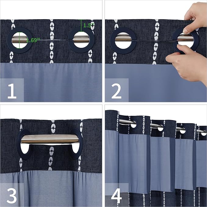 No Hook Extra Long Shower Curtain Set with Snap-in Liner,Linen Textured Thick Striped Fabric with Tassels,Boho Chic Modern Farmhouse Bathroom Curtain,Water-Repellent,Navy Blue,71x86