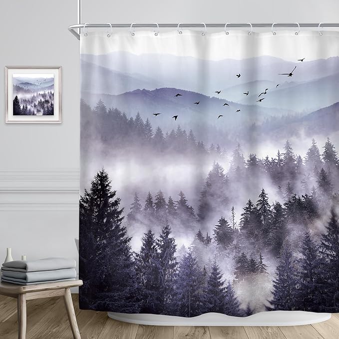 Riyidecor Purple Mountain Shower Curtain 72Wx84H Inch Extra Long Woodland Scenery Park Scene View Natural Foggy Pine Tree Alpine Cool Men Bathroom Decor Fabric Polyester Waterproof 12 Pack Hooks