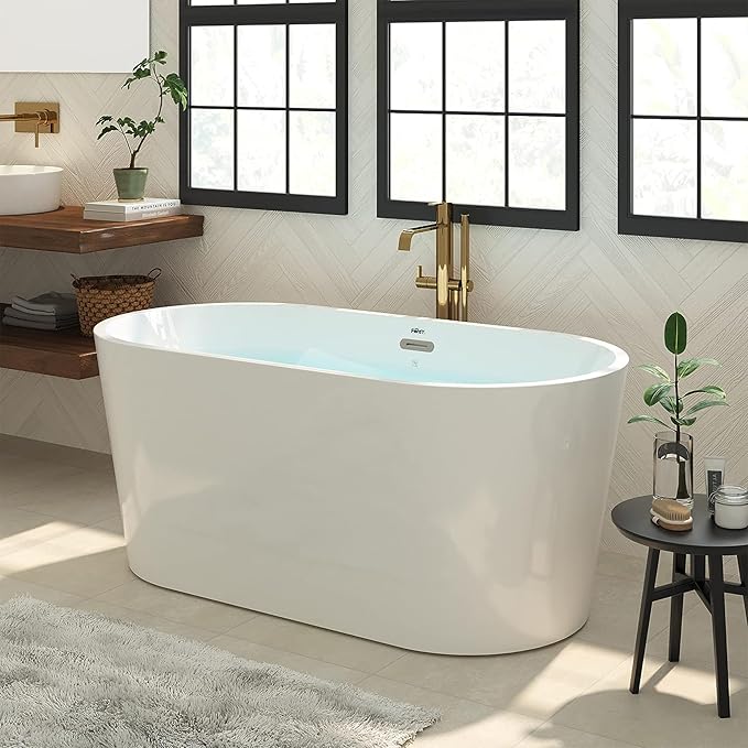 FerdY Shangri-La 55" Acrylic Freestanding Bathtub, Small Classic Oval Shape Acrylic Soaking Bathtub with Brushed Nickel Drain & Minimalist Linear Design Overflow, Modern White, cUPC Certified
