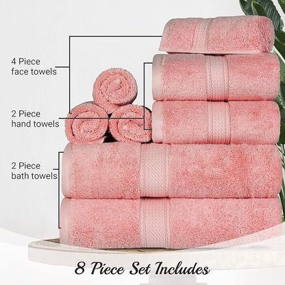 BLUENILEMILLS Madison Egyptian Cotton Towels, Towel Set for Bathroom, Shower, Hotel, Plush, 800 GSM, Highly Absorbent and Ultra-Soft Towels, Bath Essentials, 8 Piece Assorted Towel Set, Tea Rose