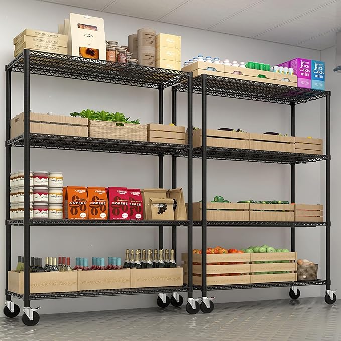 4 Tier Storage Racks Shelving, Heavy Steel Pantry Shelves, Adjustable Wire Shelving Rack with Wheels, Suitable for Garage, Kitchens, Bathroom, Offices, 55" W x 23.6" D x 75.6" H, Black