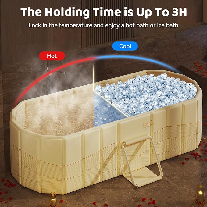 Portable Foldable Bathtub, Freestanding Bathtub No Installation, Bathroom SPA Soaking Bath Tub, Shower Stall Collapsible Hot & Ice Bath for Indoor Outdoor (Beige, 59"L x 21.6"W x 19.6"H)