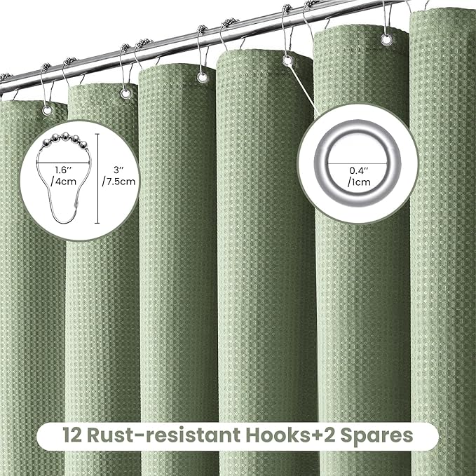 Inhousolu Fabric Shower Curtain Waffle Weave, Sage Green 230 GSM Heavy Duty, Weighted Hem, 14 Metal Hooks, Water Repellent, Machine Washable, Hotel Spa Luxury Bath Curtain Set, 72 x 72 Inch