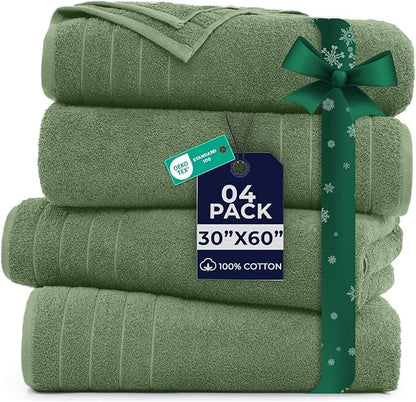 DAN River Extra Large Bath Towels Set of 4, 30 x 60 Inches - 100% Cotton Larger & Lighter Weight Towels for Bathroom - Quicker to Dry, Super Soft & Highly Absorbent Towels for Home, Sage Green
