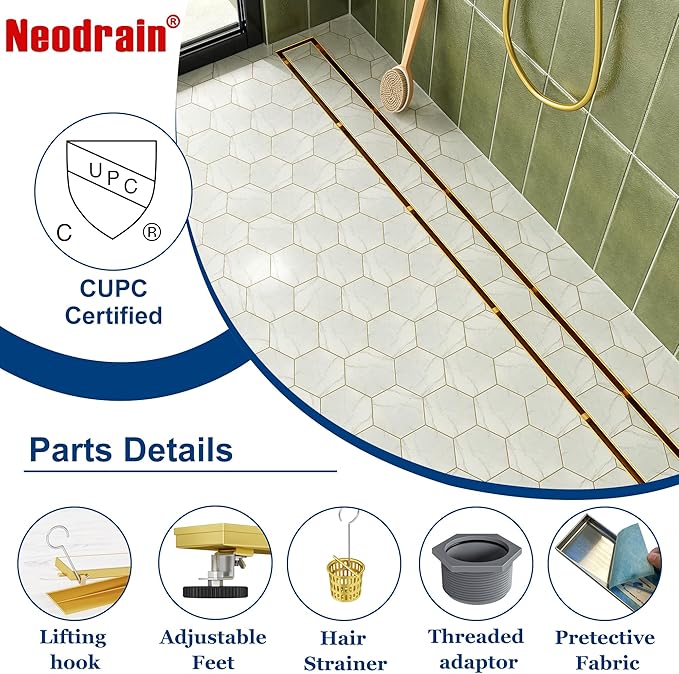 Neodrain 30-Inch Gold Linear Shower Drain with Tile Insert Cover, Golden 304 Stainless Steel Rectangle Shower Floor Drain, Linear Drain with Leveling Feet, Hair Strainer,CUPC Certified