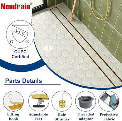 Neodrain 24-Inch Gold Linear Shower Drain with Tile Insert Cover, Golden 304 Stainless Steel Rectangle Shower Floor Drain, Linear Drain with Leveling Feet, Hair Strainer, CUPC Certified
