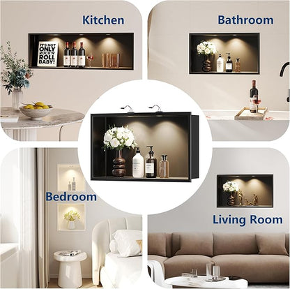 Neodrain 20X12Inch Shower Niche with Non-dimmable LED Downlight, Matte Black Wall Niche Stainless Steel Wall Niche NO Tile Needed Recessed Cubby for Bathroom Storage