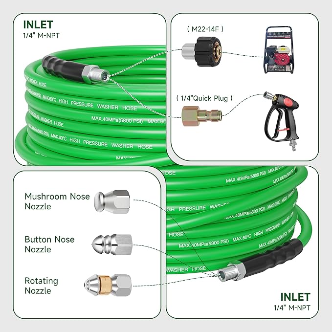 Sewer Jetter Kit for Pressure Washer 100FT – 5800PSI High-Pressure Drain Cleaner, M22 & 1/4'' NPT Universal Fit, Unclog Gutters & Sewer Lines, Durable Jetter Hose for Homeowners & DIYers