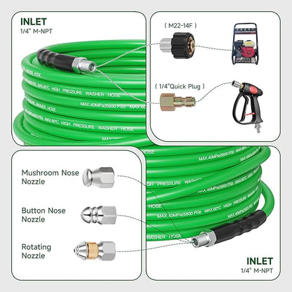 Sewer Jetter Kit for Pressure Washer 50FT – 5800PSI High-Pressure Drain Cleaner, M22 & 1/4'' NPT Universal Fit, Unclog Gutters & Sewer Lines, Durable Jetter Hose for Homeowners & DIYers