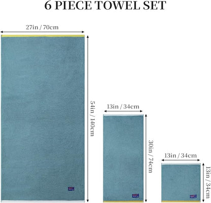 REDKISS 6 Pack Cotton Towel Set with Luxury Embellished Border, 600 GSM Ultra Soft & Highly Absorbent Bath Towels Set with 2 Bath, 2 Hand, 2 Washcloths for Bathroom, Gym, Spa, Hotel, Sky Blue