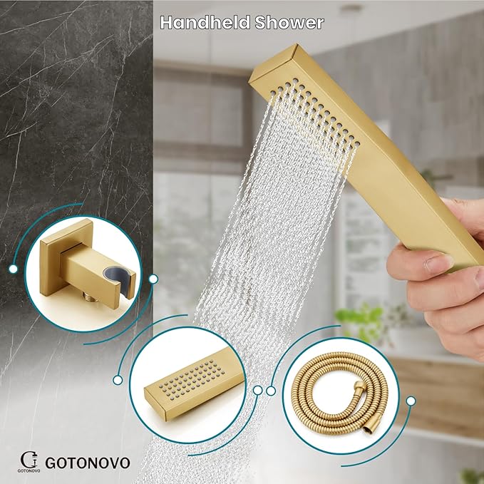 gotonovo Shower System with Tub Spout Wall Mounted Rain Shower Head and Handle Combo Shower Faucet Set with Valve, 10 Inch, Brushed Gold