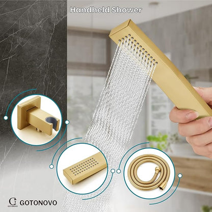 gotonovo Shower System with Tub Spout Wall Mounted Rain Shower Head and Handle Combo Shower Faucet Set with Valve, 10 Inch, Brushed Gold