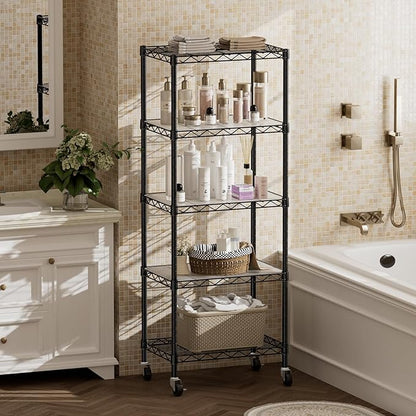 SINGAYE 5 Shelves Storage Shelf Wire Closet Bathroom Organizers Metal Pantry Kitchen Small Garage Shelving Unit Laundry Room Organization Home Narrow Rack Net Basket with Wheels Black