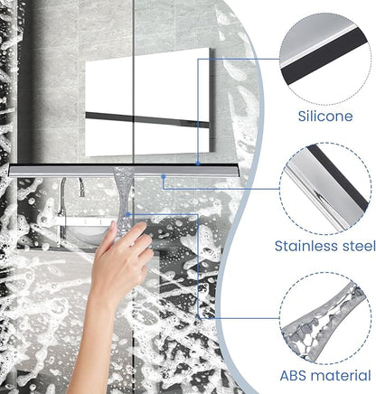 All-Purpose Silicone Shower Squeegee for Shower Glass Door,with 1 Hooks,for Bathroom Glass, Car, Tile Wall, Mirror Cleaning - Flower Shaped Handle for Easy-Grip 14 Inch Silver