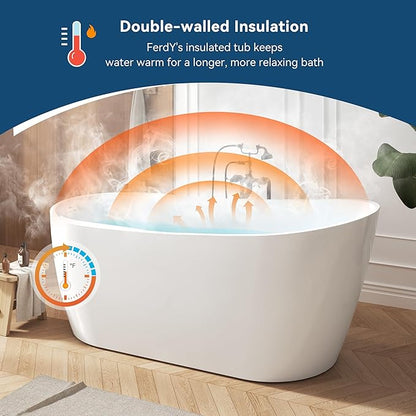 FerdY Lana'i 67" Freestanding Bathtub, Gracefully Shaped Freestanding Soaking tub, Glossy White, cUPC Certified, Brushed Nickel Drain Assembly Included