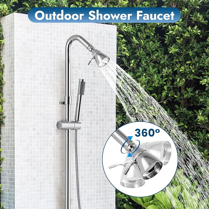 Polish Chrome Wall Mount Outdoor Shower Kit with Hand Held Sprayer Double Cross Handles with Adjustable Slide Bar Dual Function Exposed Shower Faucet System