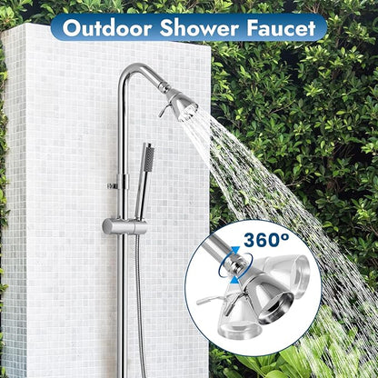 Polish Chrome Wall Mount Outdoor Shower Kit with Hand Held Sprayer Double Cross Handles with Adjustable Slide Bar Dual Function Exposed Shower Faucet System