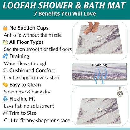 Enkosi Loofah Shower Mat with Drain Hole – Cushioned Anti-Slip Square Bath Mat for Showers, Wet Bathroom Floors – Textured PVC, Secure Non Slip Safety Pad for Walk-in Stalls (27x27 Marble Grey)
