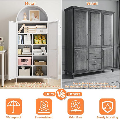 GangMeri Farmhouse Kitchen Pantry Cabinet, Arched Storage Cabinet with Doors and Adjustable Shelves, Tall Freestanding Cupboard for Laundry, Dining Room, Living Room, Bathroom(White)