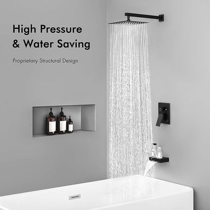 KES Tub and Shower Faucet Set Shower System with 10-Inch Rain Shower Head and Waterfall Tub Faucet Wall Mount Shower Valve and Trim Kit Included Matte Black, XB6240-BK
