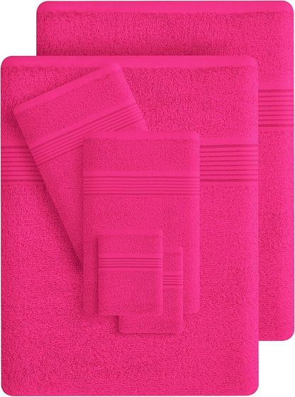 Belizzi Home 100% Cotton Towel Set, Contains 6 Soft Bath Towel, 6 Hand Towels, 12 Wash Cloths - Compact Absorbent Lightweight & Quickdry Towels for Bathroom - 24 Piece Bathroom Towel Set - Hot Pink