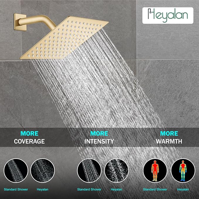 Heyalan 8 Inch Shower Head and Handle Set Square Shower Faucet Set Bathroom Rainfall Shower System Stainless Steel Showerhead Single Function Shower Trim Kit,Female Thread Valve,Brushed Gold