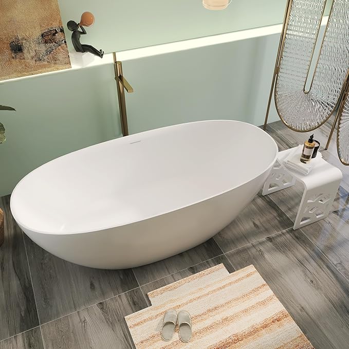 67" Premium Solid Surface Freestanding Bathtubs, Upgraded Matte White Modern Design Stand Alone Stone Resin Tub with Overflow and Pop-up Drain