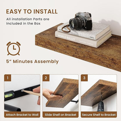 fuqing Floating Shelves for Wall, Wall Mounted Wood Floating Shelf with Invisible Brackets for Living Room, Bathroom, Bedroom, Kitchen Storage and Decor, 40 Inch Set of 2, Rustic Brown