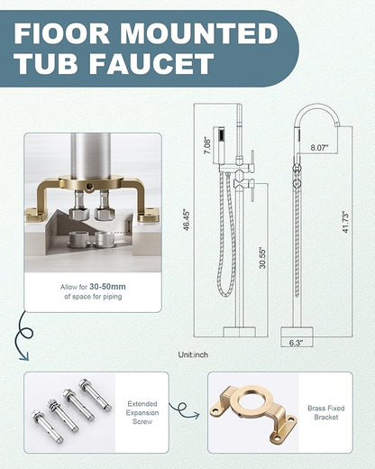 Freestanding Bathtub Faucet Brushed Nickel, Floor Mount Tub Filler, High Flow Brass Shower Faucets with Handheld Sprayer for Bathroom