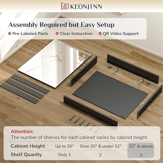 Keonjinn 60 x 32 Inch Medicine Cabinet, Assembly Required, Black Bathroom Medicine Cabinets Mirror, Lightweight, Adjustable Shelves, Surface Mount or Recessed, Tempered Glass