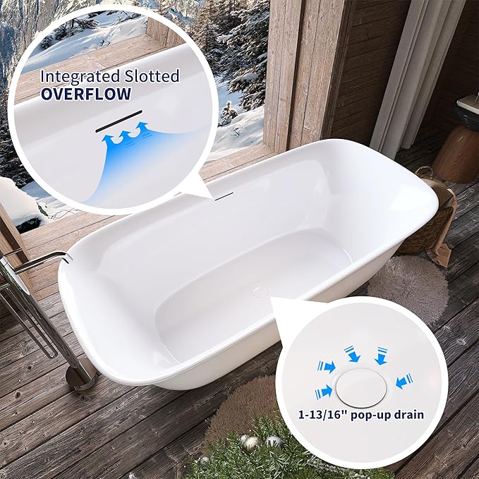 59" Acrylic Free Standing Tub, Stand Alone Tub, Freestanding Bathtub, Soaking Bathtub, cUPC Certified, PE(Glossy White)