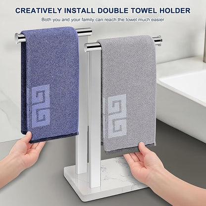 NearMoon Hand Towel Holder with Balanced Marble Base, SUS304 Stainless Steel Stand Towel Ring L Shape Hand Towel Rack Free-Standing Towel Bar for Bathroom Kitchen Countertop (Double Rod, Chrome)