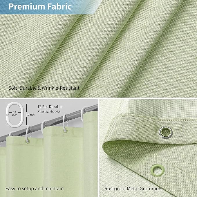 2-in-1 Waterproof Fabric Shower Curtain or Liner,Linen Textured,Breathable TPU & Washable Bathroom Shower Curtain Set with 12 Plastic Hooks,Modern,72"x72",Green