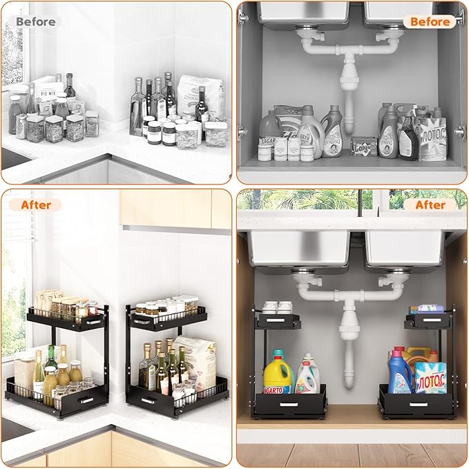 Under Sink Organizer,2 Tier Slide Out Kitchen Cabinet Organizers with Pulley,Under Bathroom Sink Pull Out Organizer with Multiple Height Adjustments for Kitchen and Bathroom Cabinets-Black