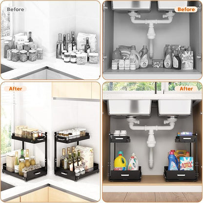 Under Sink Organizer,2 Tier Slide Out Kitchen Cabinet Organizers with Pulley,Under Bathroom Sink Pull Out Organizer with Multiple Height Adjustments for Kitchen and Bathroom Cabinets-Black