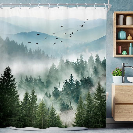 Riyidecor Green Mountain Shower Curtain 72Wx96H Inch Extra Long Nature Rustic Woodland Tree Scenery,Alpine Landscape Natural Foggy Mens Bathroom Decor Fabric Polyester Waterproof 12 Pack Hooks