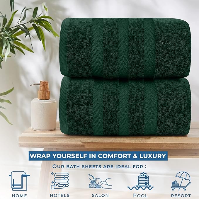 DAN RIVER 2 Pack Luxury Bath Sheets 35x70, 600 GSM, Soft & Quick Dry 100% Ring Spun Cotton Towels Ideal for Hotels, Spas, Gyms & Salons Extra Large, Hunter Green